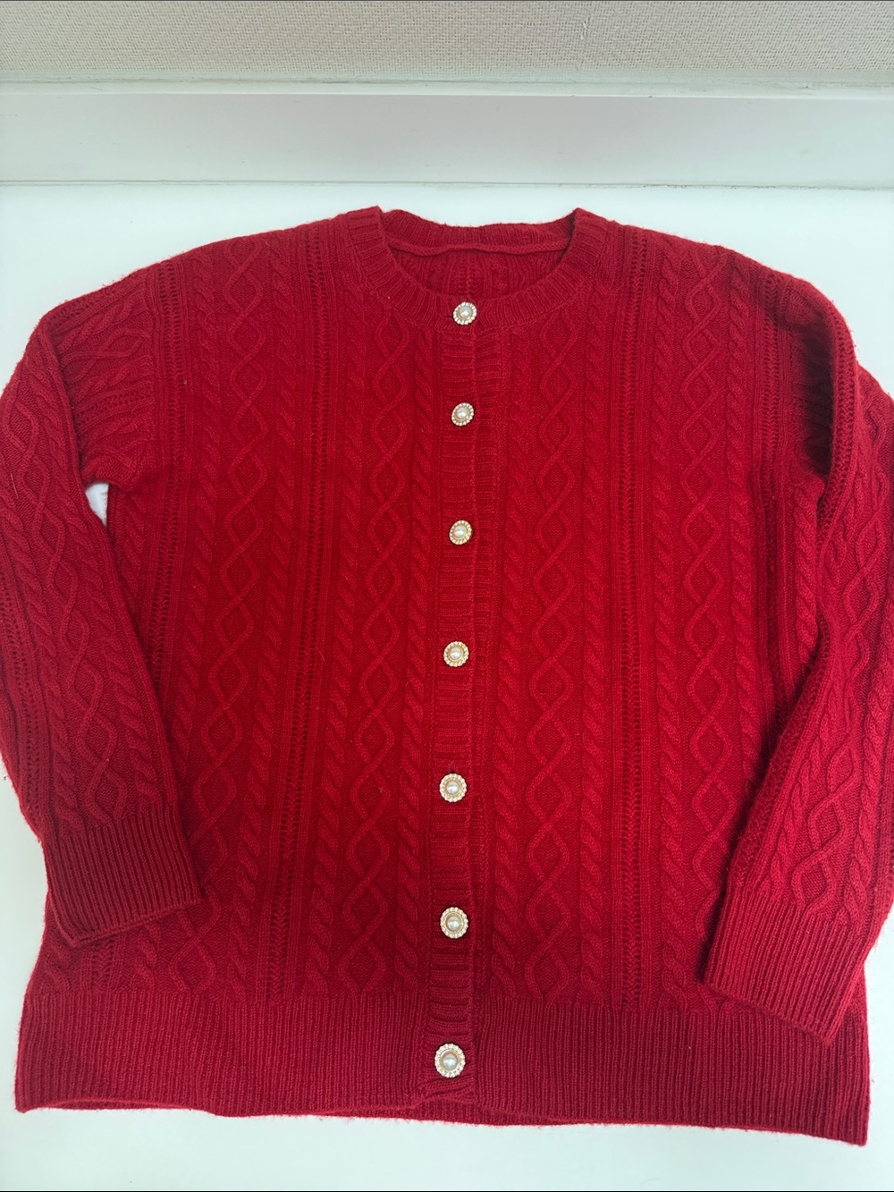 100% Superfine Wool Red Cable-Knit Crewneck Cardigan Sweater